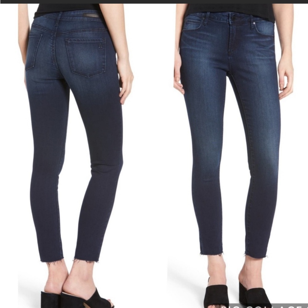 Cropped, raw hem skinny jeans.